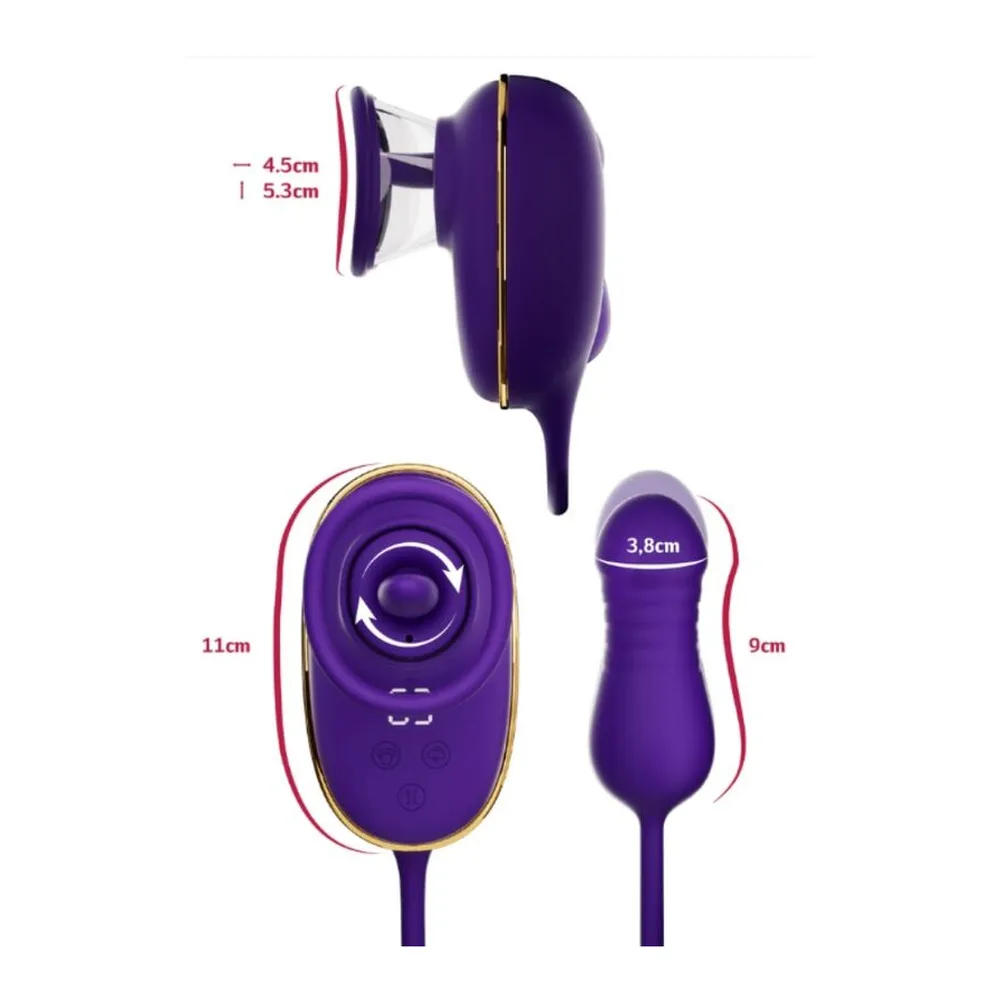 Schéma de dimensions d'un stimulateur clitoridien violet en silicone avec tête de succion ronde et attachement pour stimulateur anal, télécommande filaire indiquant mesures de 4,5cm, 5,3cm, 11cm, 3,8cm et 9cm