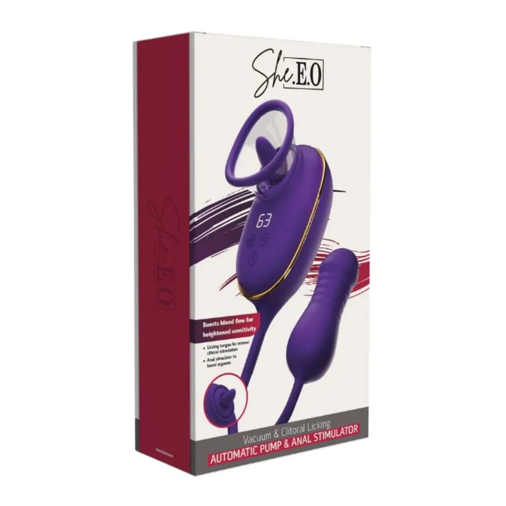 Schéma de dimensions d'un stimulateur clitoridien violet en silicone avec tête de succion ronde et attachement pour stimulateur anal, télécommande filaire indiquant mesures de 4,5cm, 5,3cm, 11cm, 3,8cm et 9cm