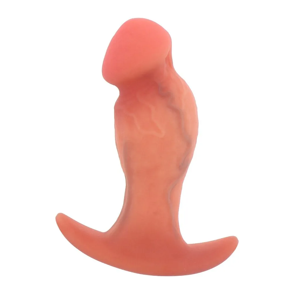 Plug anal en silicone souple rose corail, de forme anatomique avec veines en relief, tête arrondie et corps fuselé, base élargie