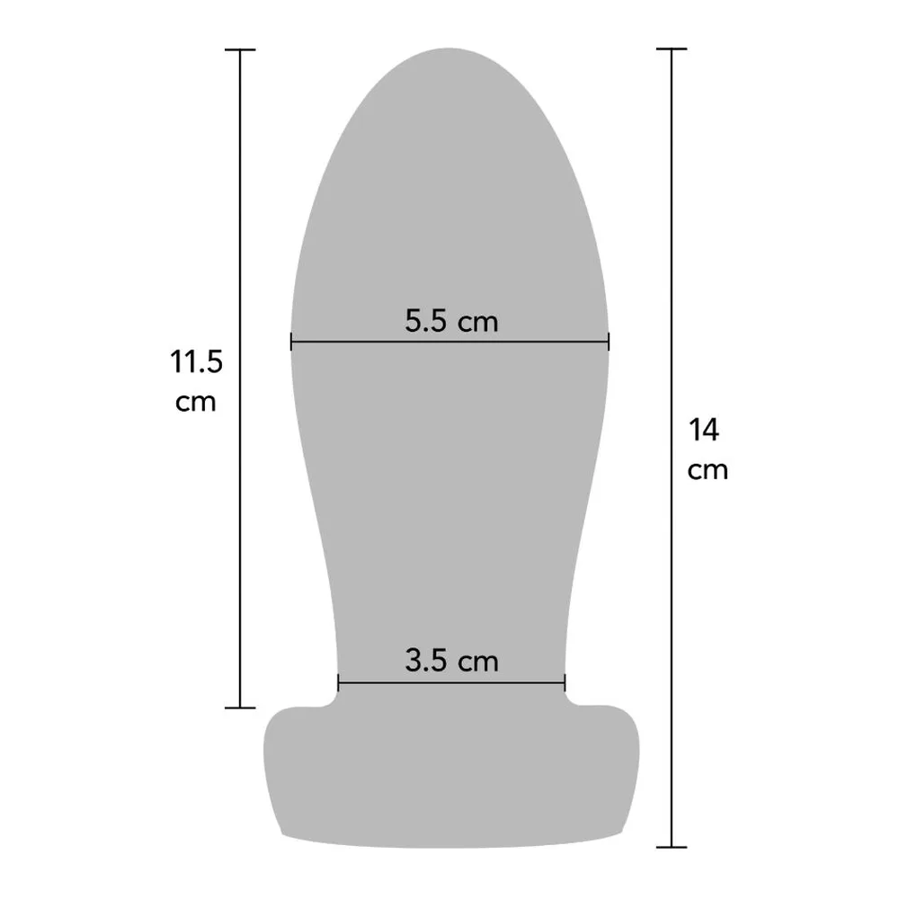 Plug anal en silicone noir, forme oblongue avec base large et arrondie, sur fond blanc
