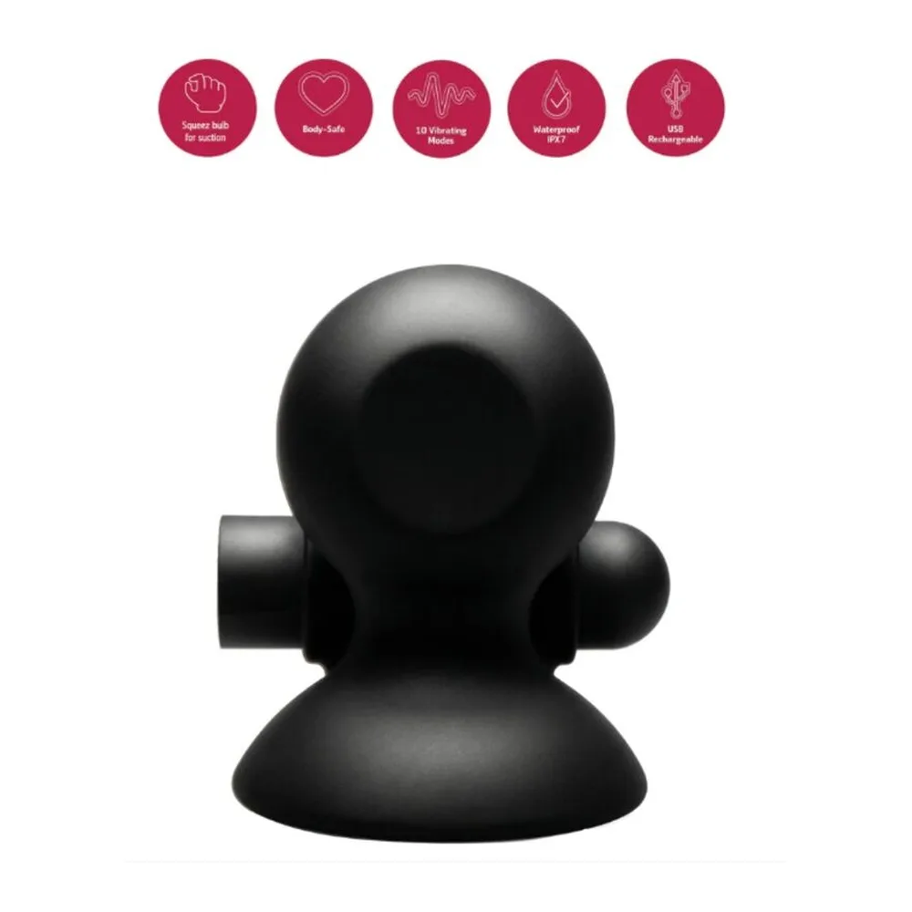 Paire de ventouses en silicone noir avec poignées latérales, tête sphérique lisse et base aplatie, sur fond blanc avec cinq pictogrammes rose magenta listant les caractéristiques