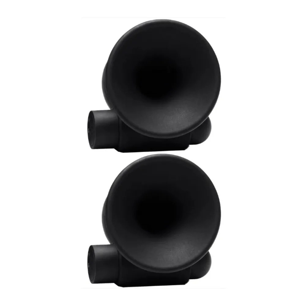 Paire de ventouses en silicone noir avec poignées latérales, tête sphérique lisse et base aplatie, sur fond blanc avec cinq pictogrammes rose magenta listant les caractéristiques