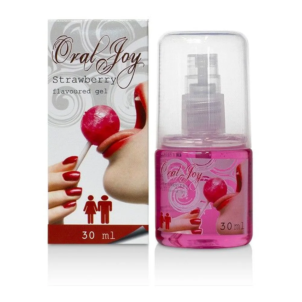 Emballage et flacon du gel lubrifiant aromatisé Oral Joy à la fraise, 30 ml, avec vaporisateur et liquide rose vif, présenté aux côtés d'une fraise rouge et d'une main aux ongles rouges