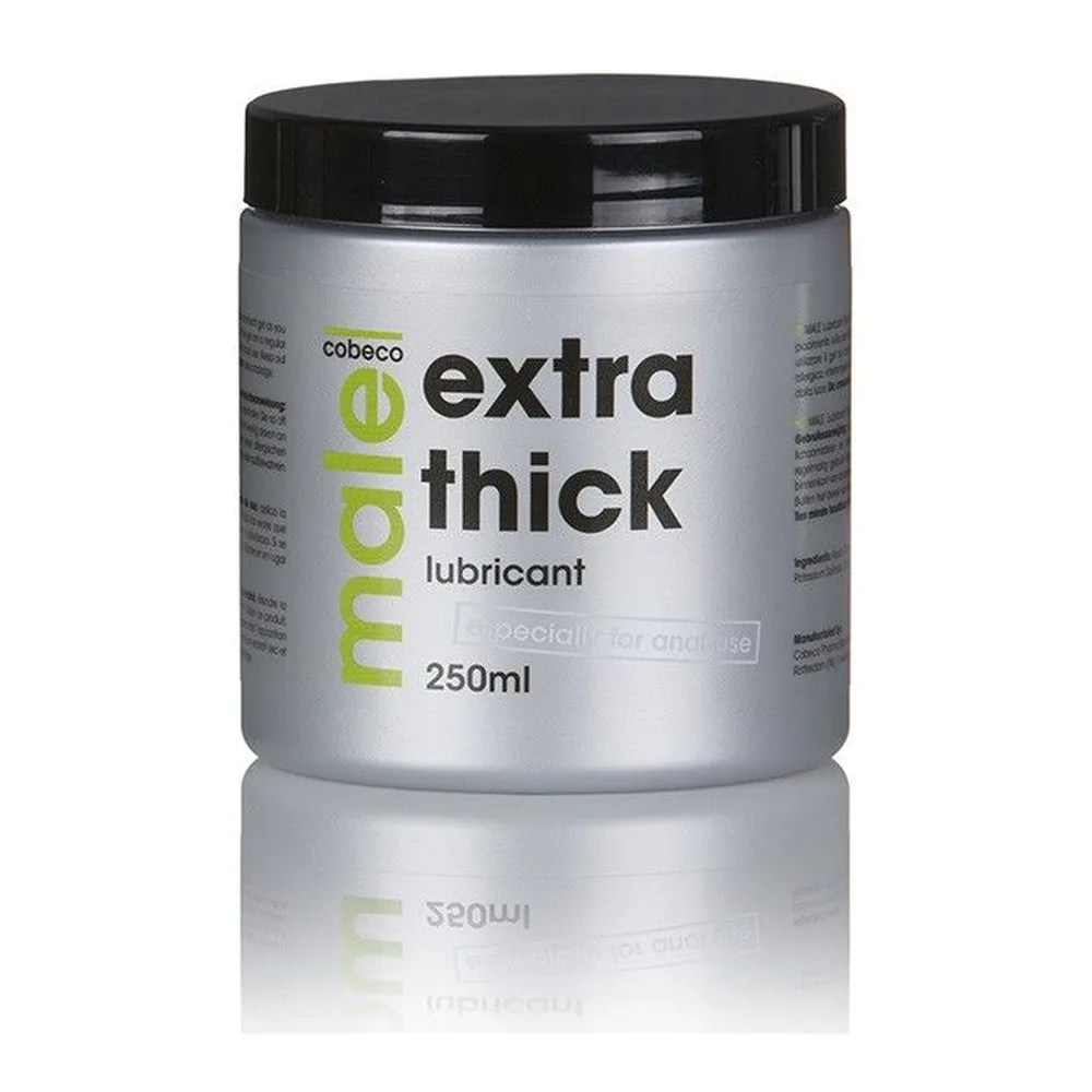 Pot argenté de lubrifiant Male Extra Thick de 250ml avec bouchon noir, étiquette grise et verte, présenté de face sur fond blanc