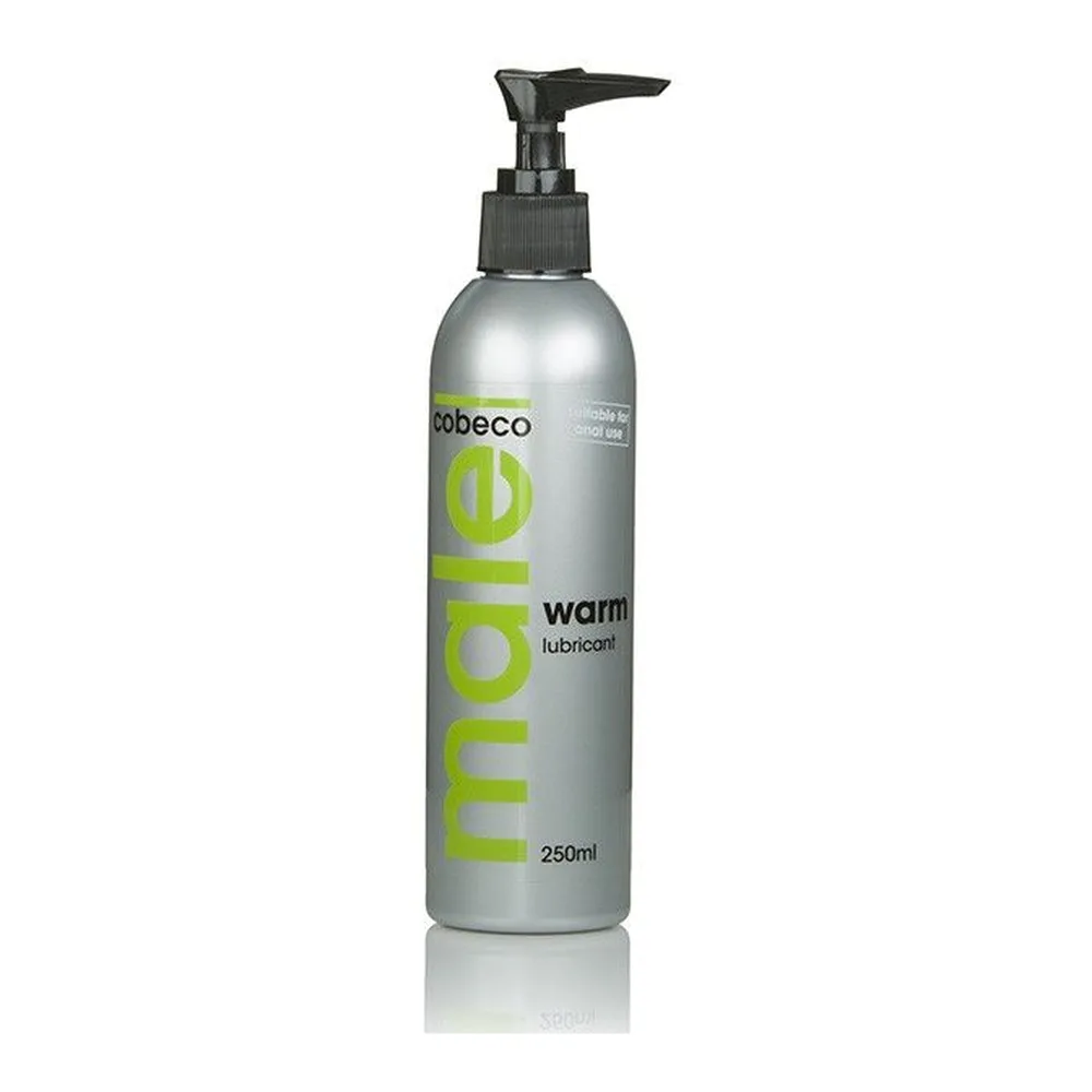Flacon de 250 ml argenté avec pompe noire, étiquette verte affichant "mole warm lubricant" de la marque Cobeco