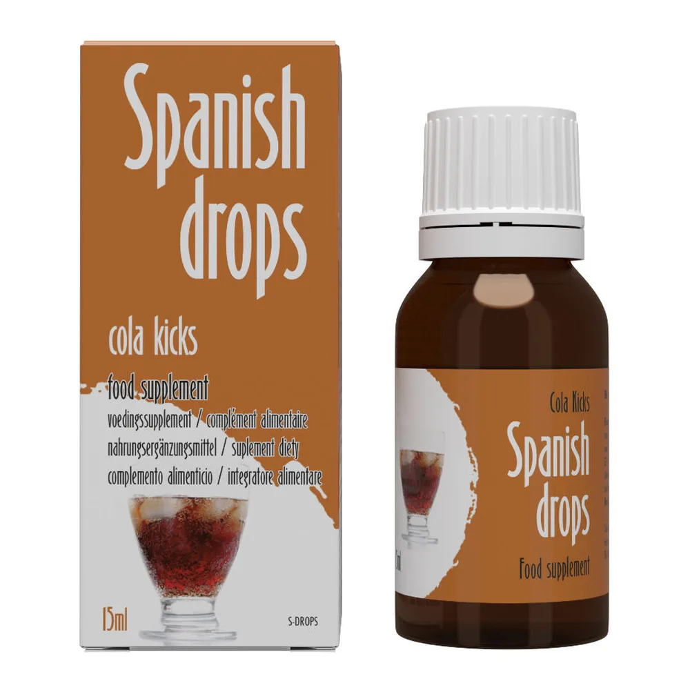 Boîte rouge et blanc de Spanish Drops framboise avec flacon en verre brun de 15ml et bouchon blanc