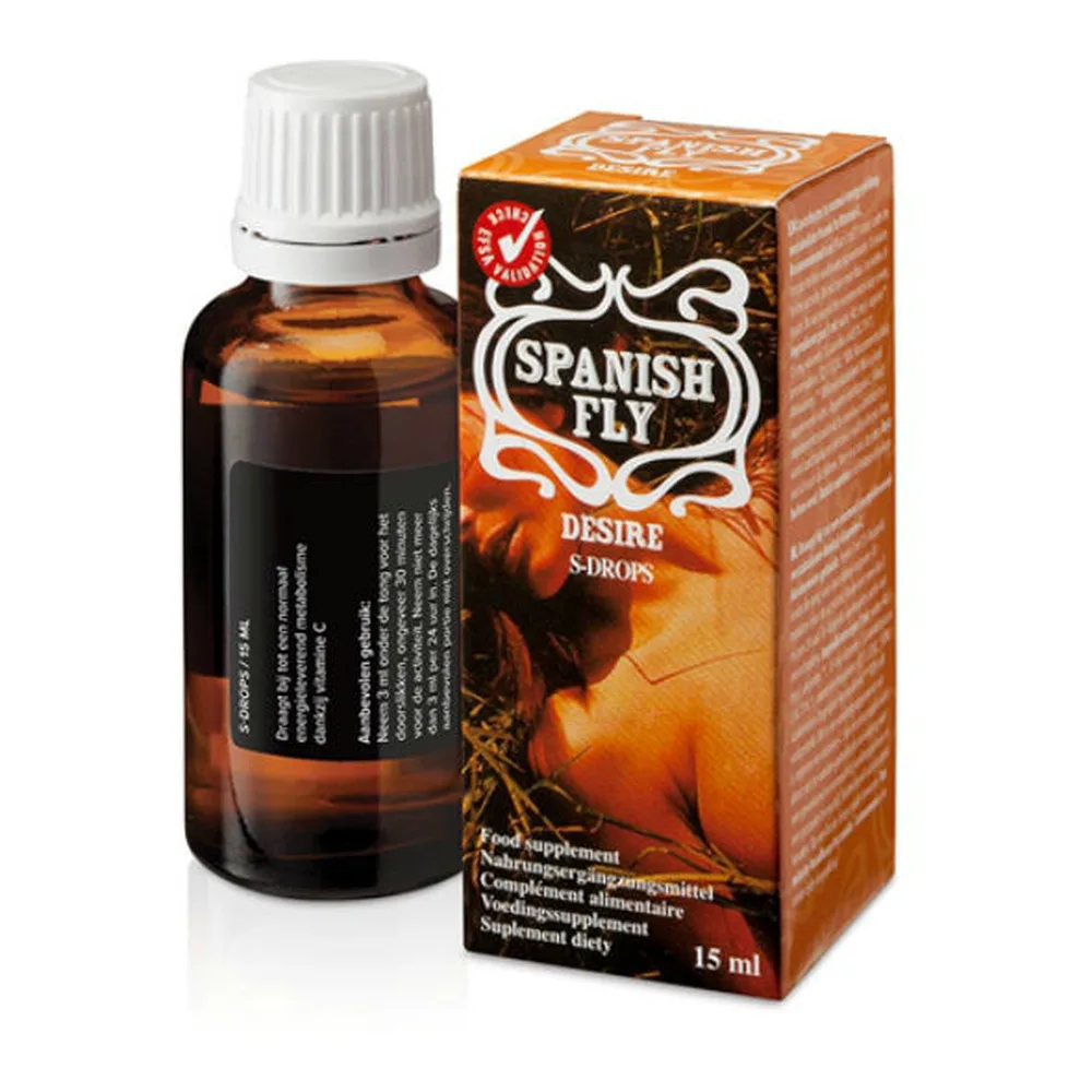 Flacon en verre ambré de 15 ml avec bouchon blanc et sa boîte rouge, étiquette noire avec texte espagnol, emballage illustré d'une femme