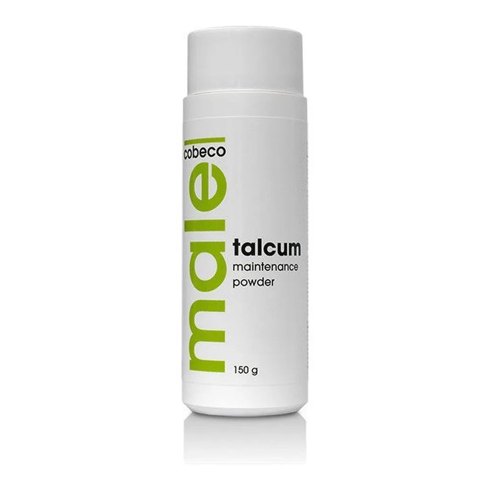 Flacon blanc de 150 g de poudre talc Maleskincare, avec étiquette verte et noire, bouchon blanc vissé, sur fond blanc