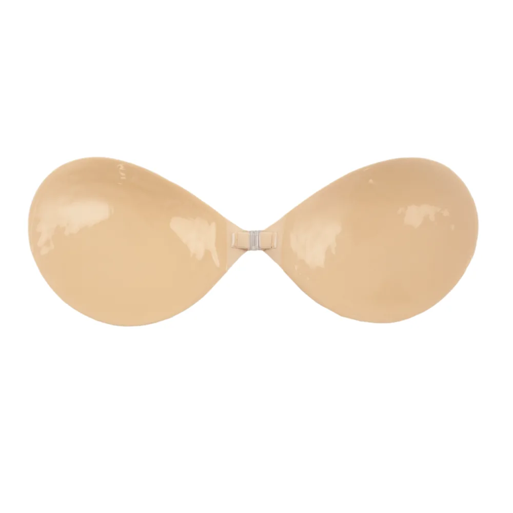 Soutien-gorge adhésif sans bretelles ni dos noir, à bonnets ronds, vue de face sur fond blanc