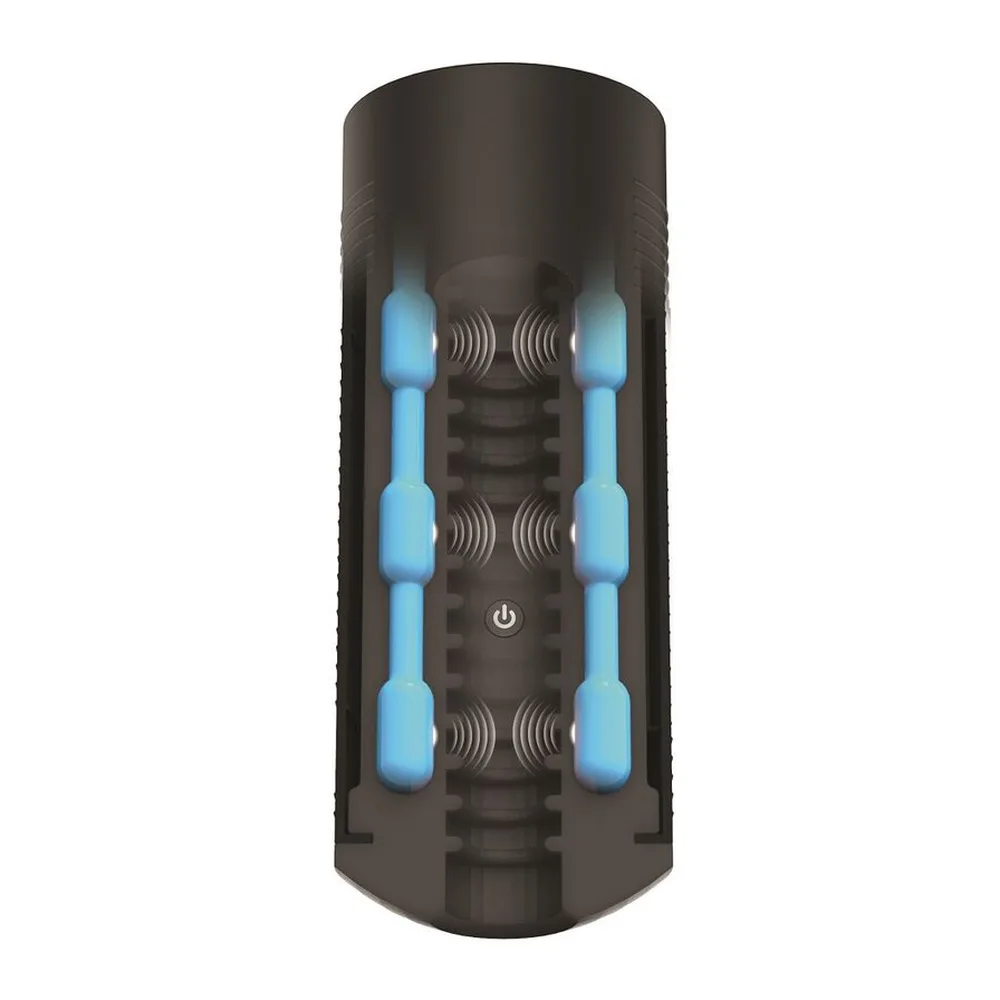 Masturbateur cylindrique noir avec six nodules bleus alignés verticalement et symboles de vibration entre eux, bouton de commande blanc au centre, sur fond blanc