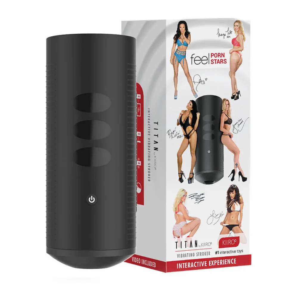 Masturbateur Titan noir cylindrique avec trois ouvertures, bouton de contrôle, emballage blanc montrant des femmes et mentions « Feel porn stars » et « Interactive experience »