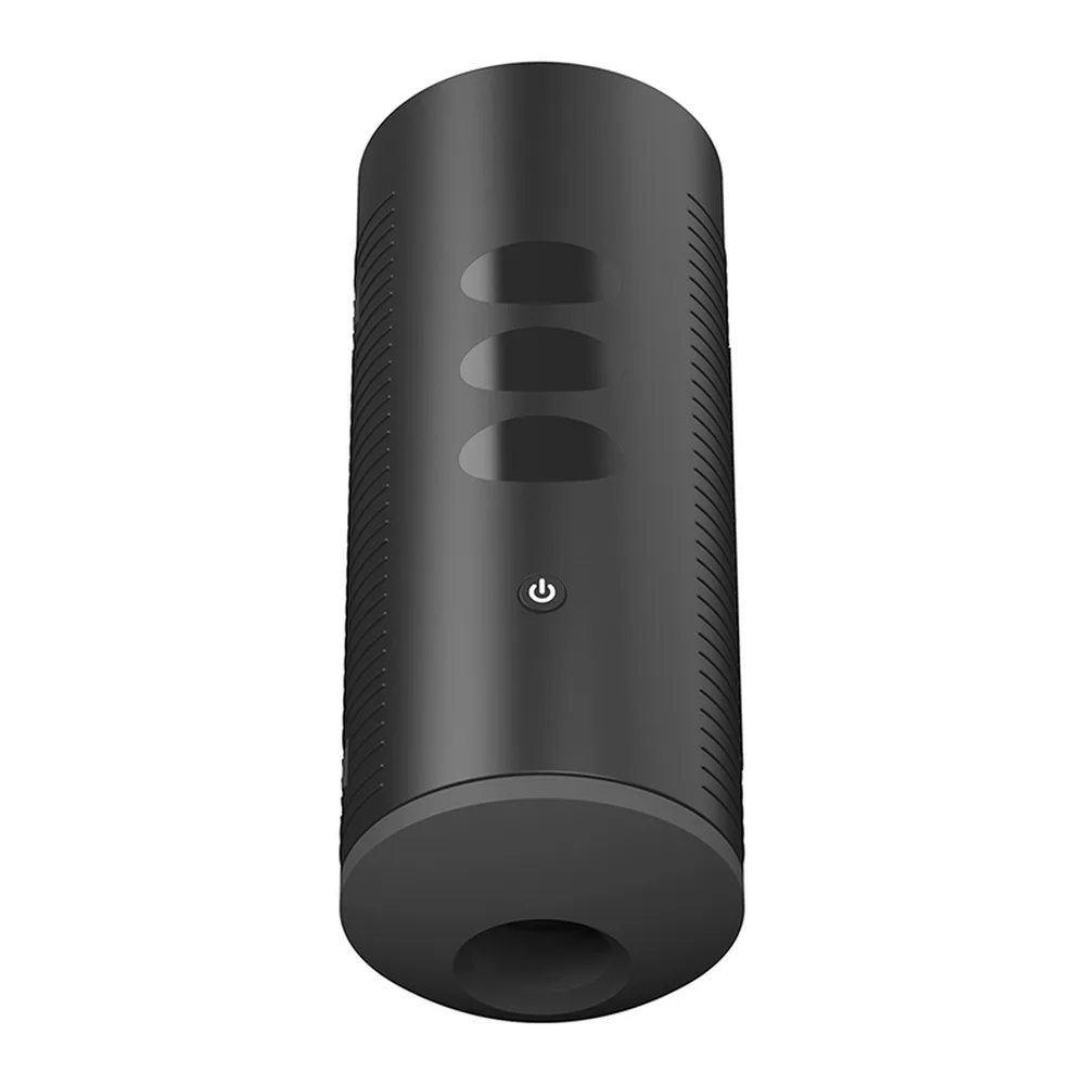 Masturbateur Titan noir cylindrique avec trois ouvertures, bouton de contrôle, emballage blanc montrant des femmes et mentions « Feel porn stars » et « Interactive experience »
