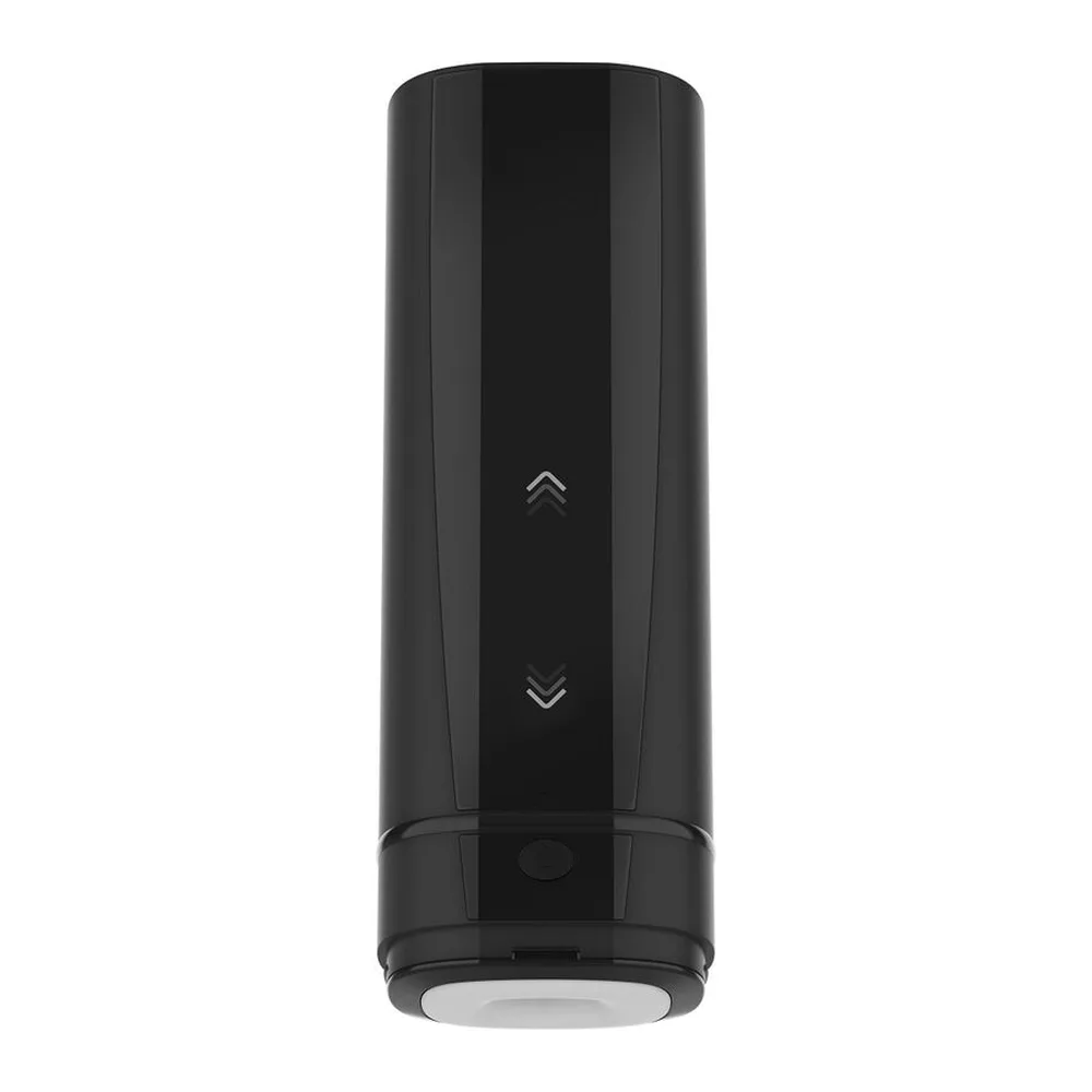 Masturbateur automatique noir cylindrique avec boutons de commande et base amovible, sur fond blanc