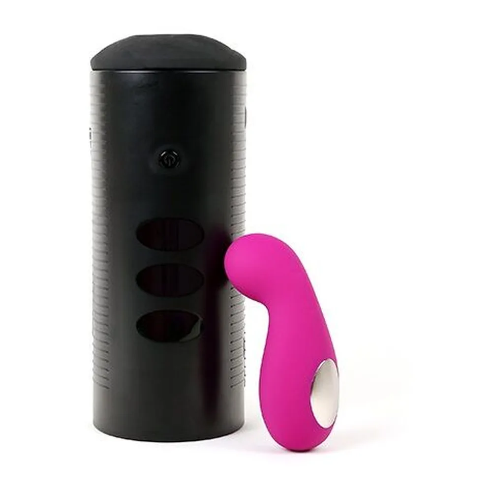 Boîte de rangement cylindrique noire avec trois ouvertures circulaires, accompagnée d'un jouet intime rose fuchsia avec détails blancs et courbe ergonomique
