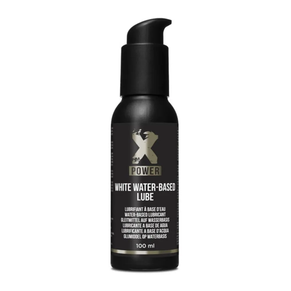 Flacon noir de 100 ml de lubrifiant à base d'eau avec pompe doseuse, étiquette blanche indiquant « X Power White Water-Based Lube »