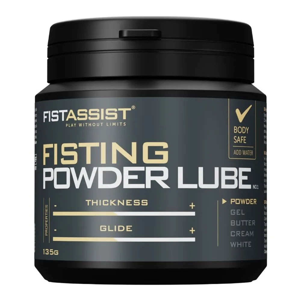 Pot noir de lubrifiant poudre Fist Assist Elation, 150 grammes, avec bouchon noir et étiquette indiquant les instructions d'emploi en français, anglais et allemand sur fond blanc