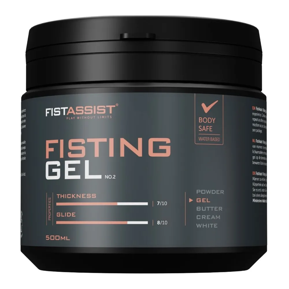 Pot noir ouvert de gel fisting Fist Assist avec couvercle, montrant la texture claire et épaisse du produit, flacon fermé en arrière-plan et deux petits dômes de gel devant sur fond gris