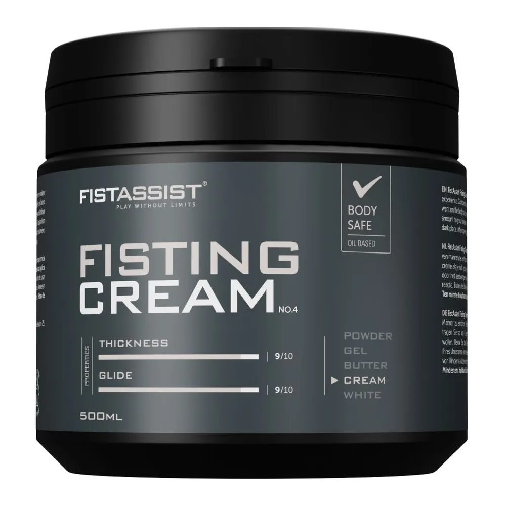 Pot noir de crème lubrifiante Fist Assist de 500 ml, étiquette grise avec spécifications de viscosité et glisse, formule épaisse à base d'huile