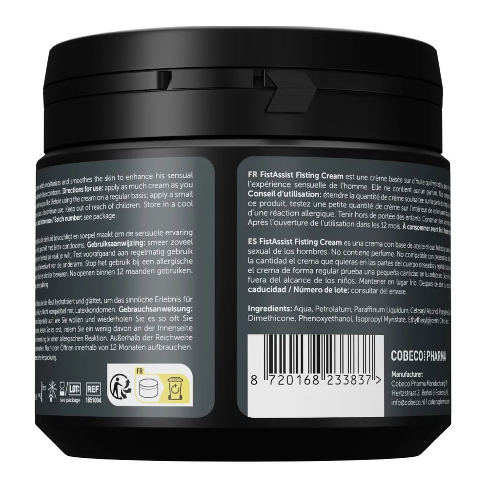 Pot noir de crème lubrifiante Fist Assist de 500 ml, étiquette grise avec spécifications de viscosité et glisse, formule épaisse à base d'huile