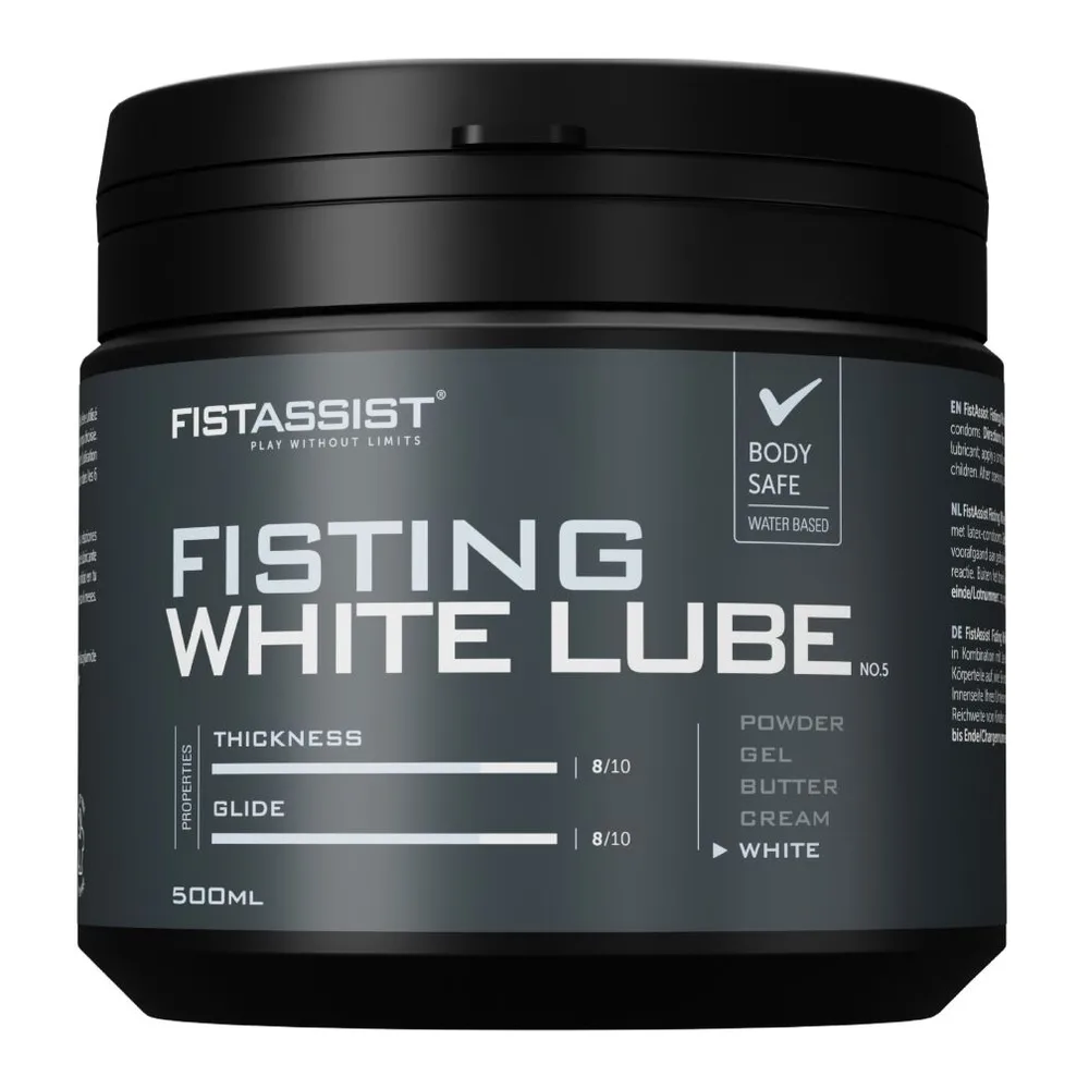 Pot noir de lubrifiant Fistassist Fisting White Lube de 500 ml, avec étiquette grise indiquant viscosité et glissance à 8/10, formule à base d'eau