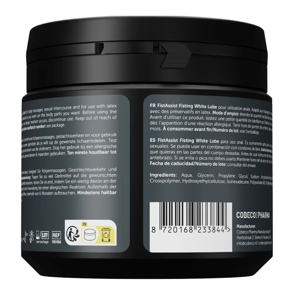Pot noir de lubrifiant Fistassist Fisting White Lube de 500 ml, avec étiquette grise indiquant viscosité et glissance à 8/10, formule à base d'eau