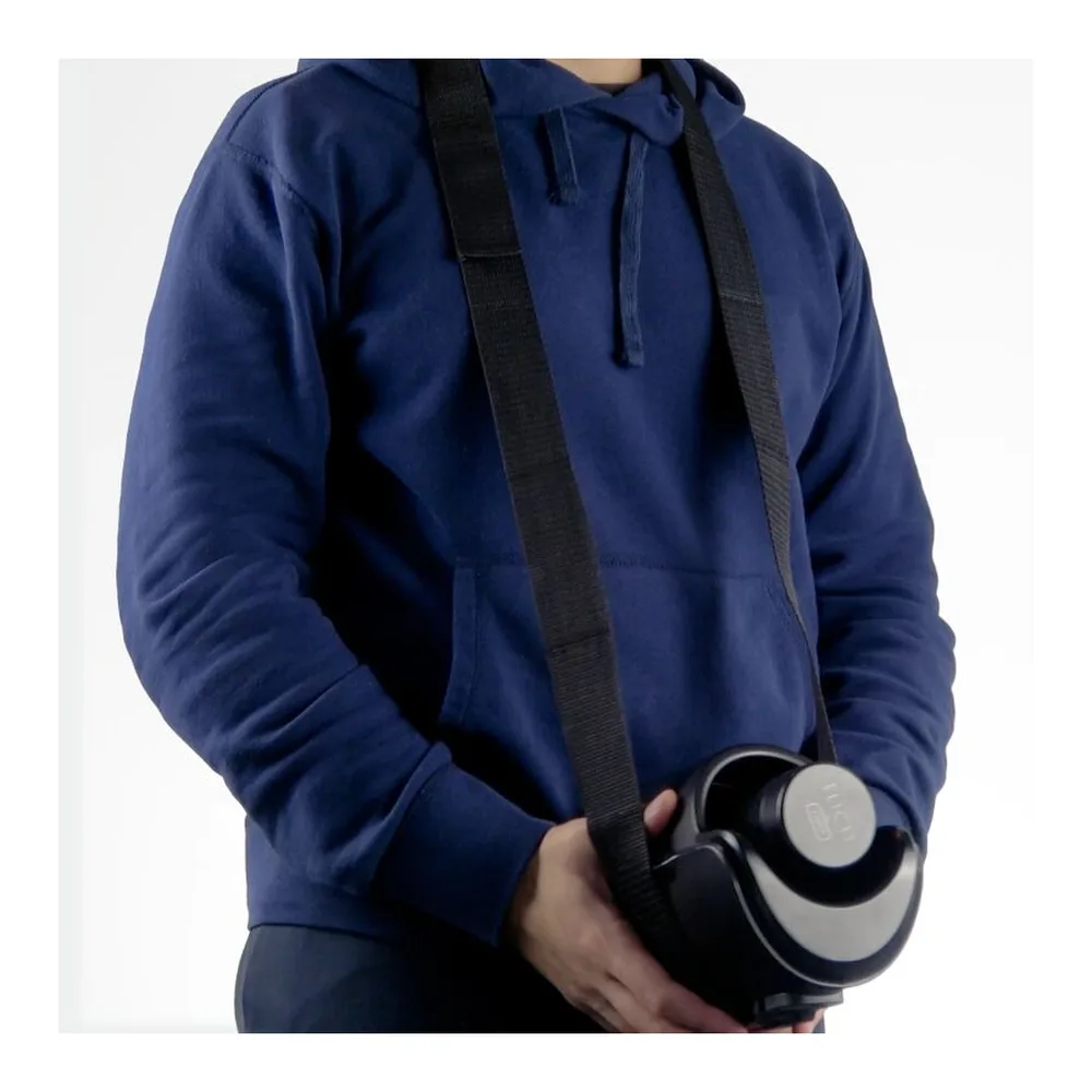 Sangle de cou noire Keon avec support rigide gris anthracite et compartiment de rangement, accompagnée d'une bande textile noire avec boucle de serrage