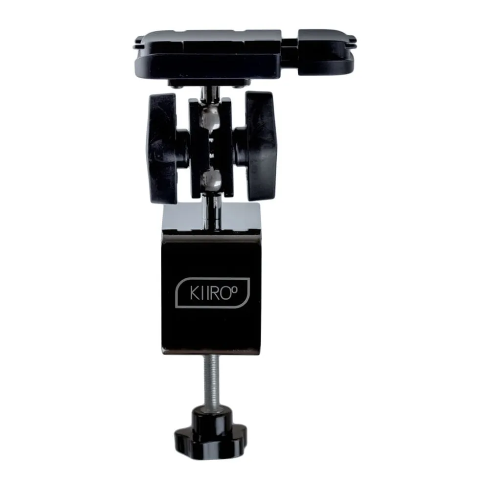 Pince de fixation en acier inoxydable noir avec mécanisme de serrage à vis, adaptée au montage sur table, vue de face sur fond blanc