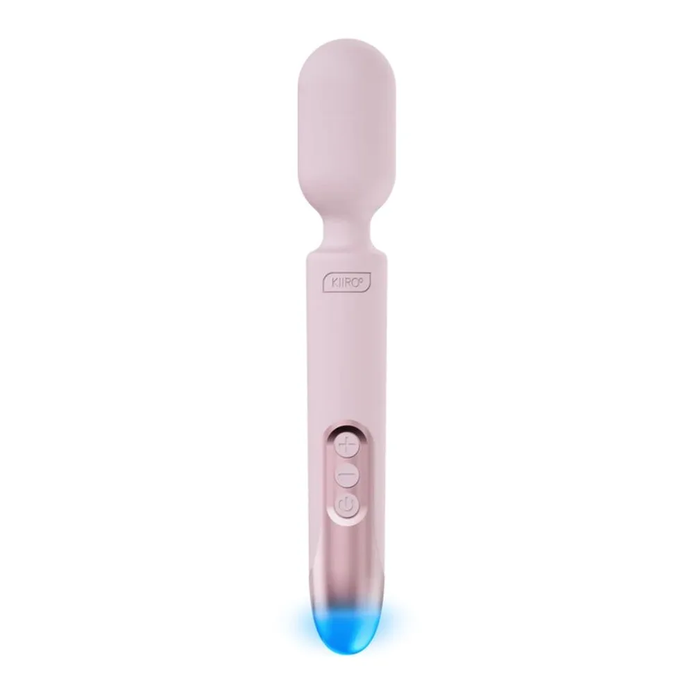 Wand rose poudré avec tête arrondie, corps cylindrique et embout noir, présenté sur fond blanc
