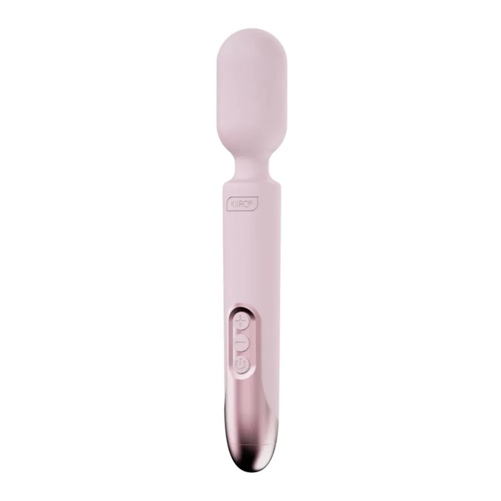 Wand ProWand rose poudré à tête arrondie et base lumineuse bleue, sur fond blanc