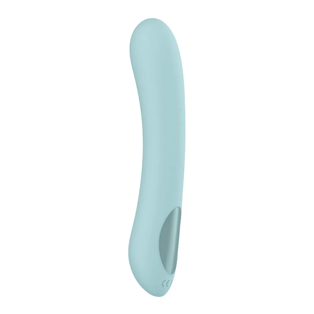 Vibromasseur point G en silicone bleu ciel, forme incurvée et allongée avec embout arrondi, sur fond blanc
