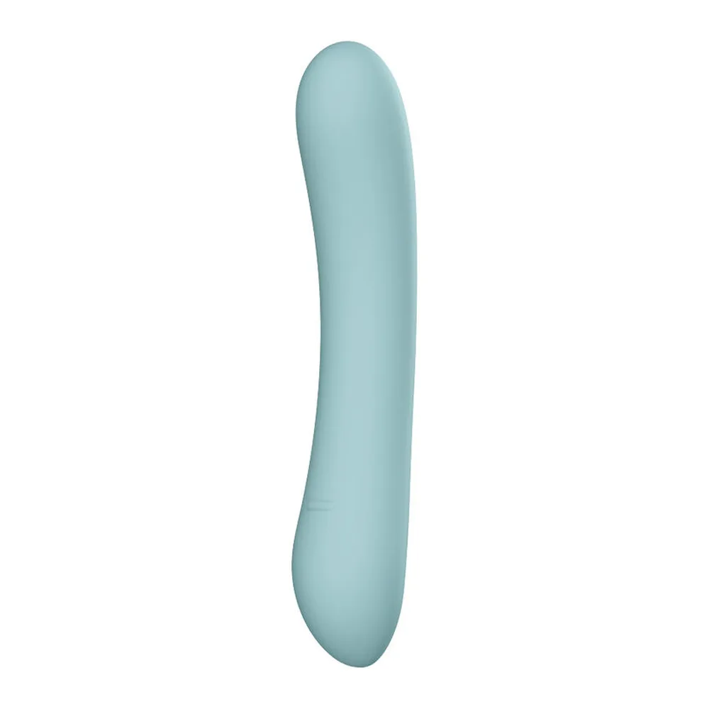 Vibromasseur point G en silicone bleu ciel, forme incurvée et allongée avec embout arrondi, sur fond blanc