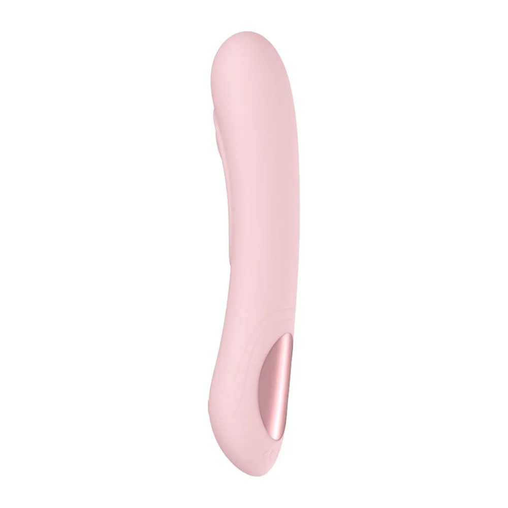 Vibromasseur rose clair en silicone, forme ergonomique courbe avec trois bosses en relief sur le côté, bout arrondi, sur fond blanc
