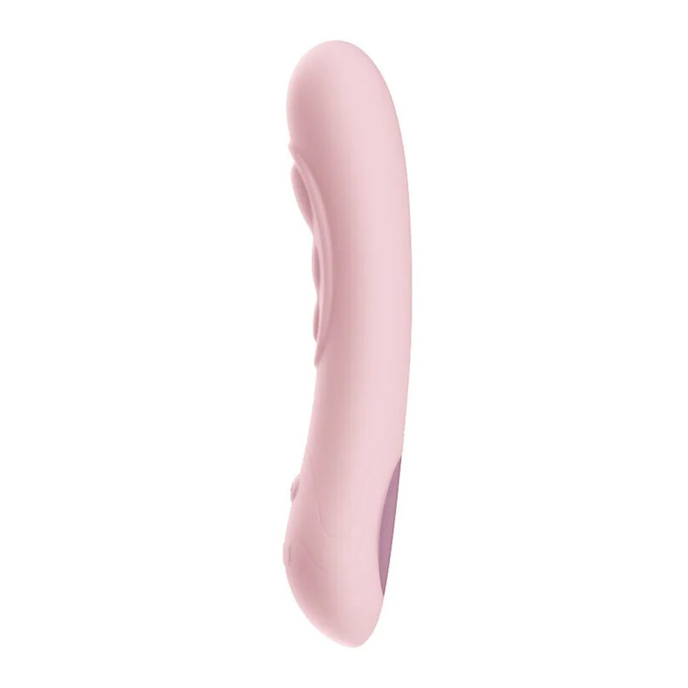 Vibromasseur rose clair en silicone, forme ergonomique courbe avec trois bosses en relief sur le côté, bout arrondi, sur fond blanc