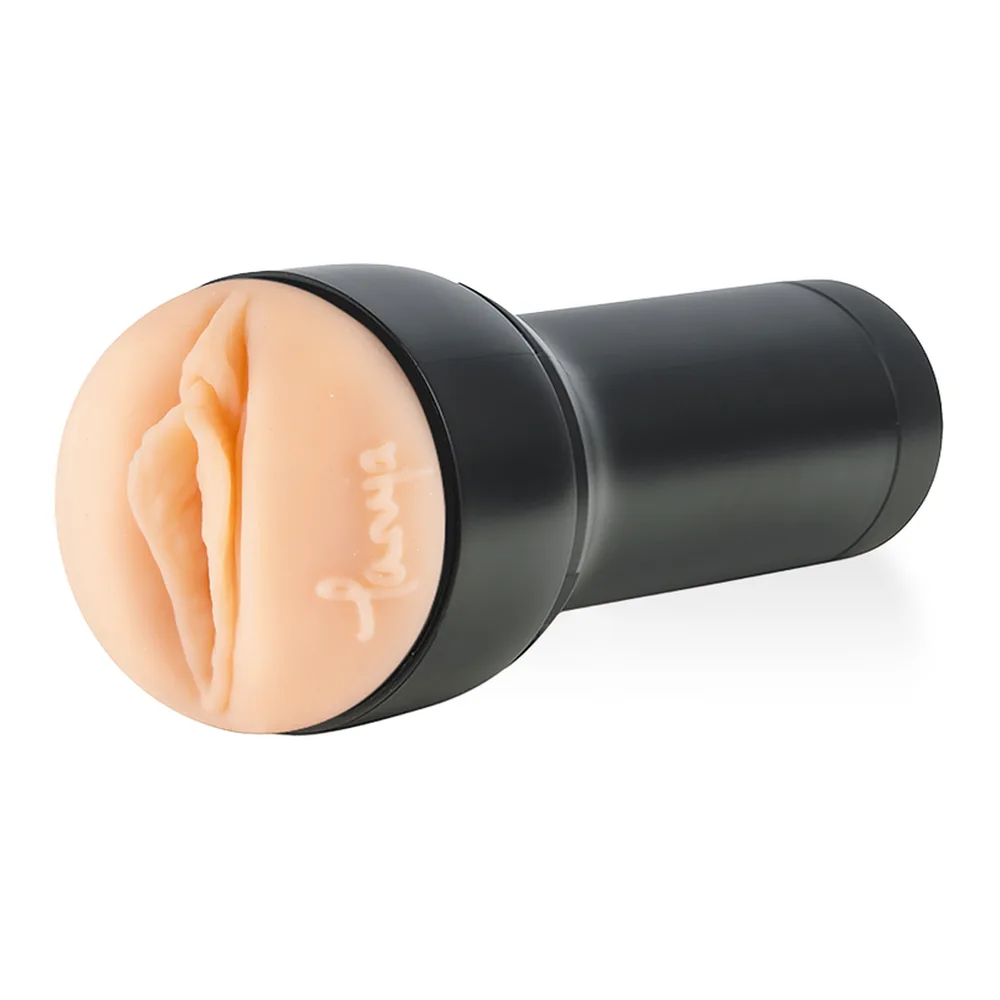 Schéma de dimensions du masturbateur Feel Tanya Tate avec tunnel à nodules, boîtier beige et rose, échelle en centimètres et pouces