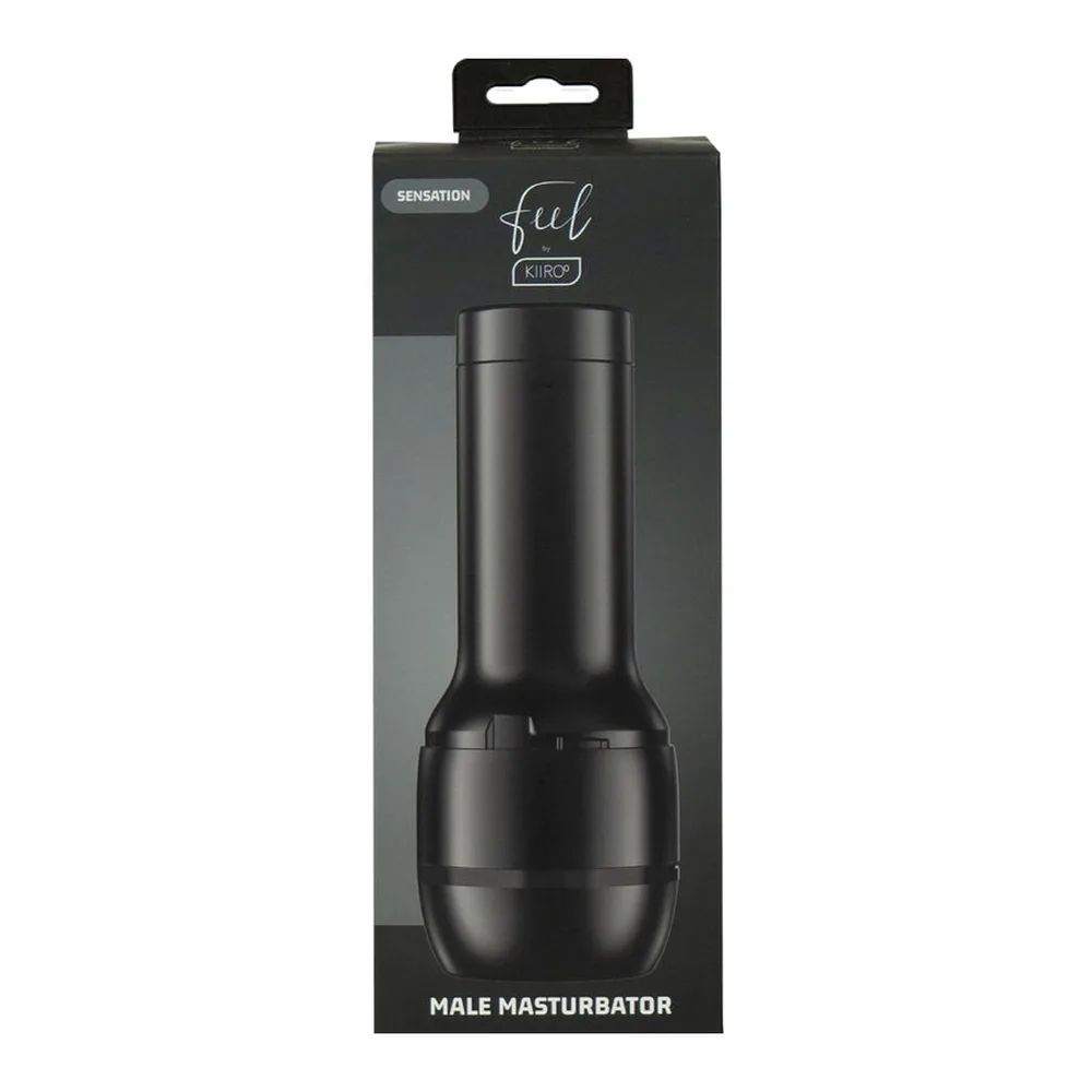 Masturbateur cylindrique noir et gris avec embout préformé à entrée étroite, conçu pour montage sur machine, sur fond blanc