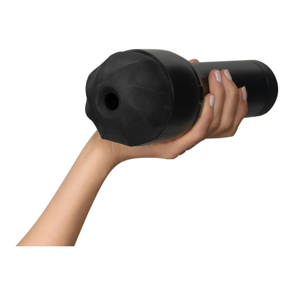 Masturbateur cylindrique noir et gris avec embout préformé à entrée étroite, conçu pour montage sur machine, sur fond blanc