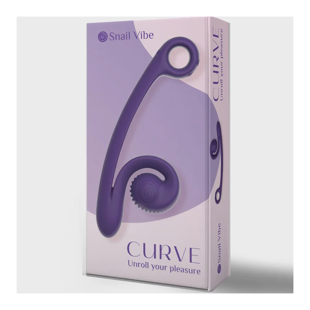 Vibromasseur courbe en silicone violet, tête sphérique avec motif spirale et tige arquée, sur fond blanc