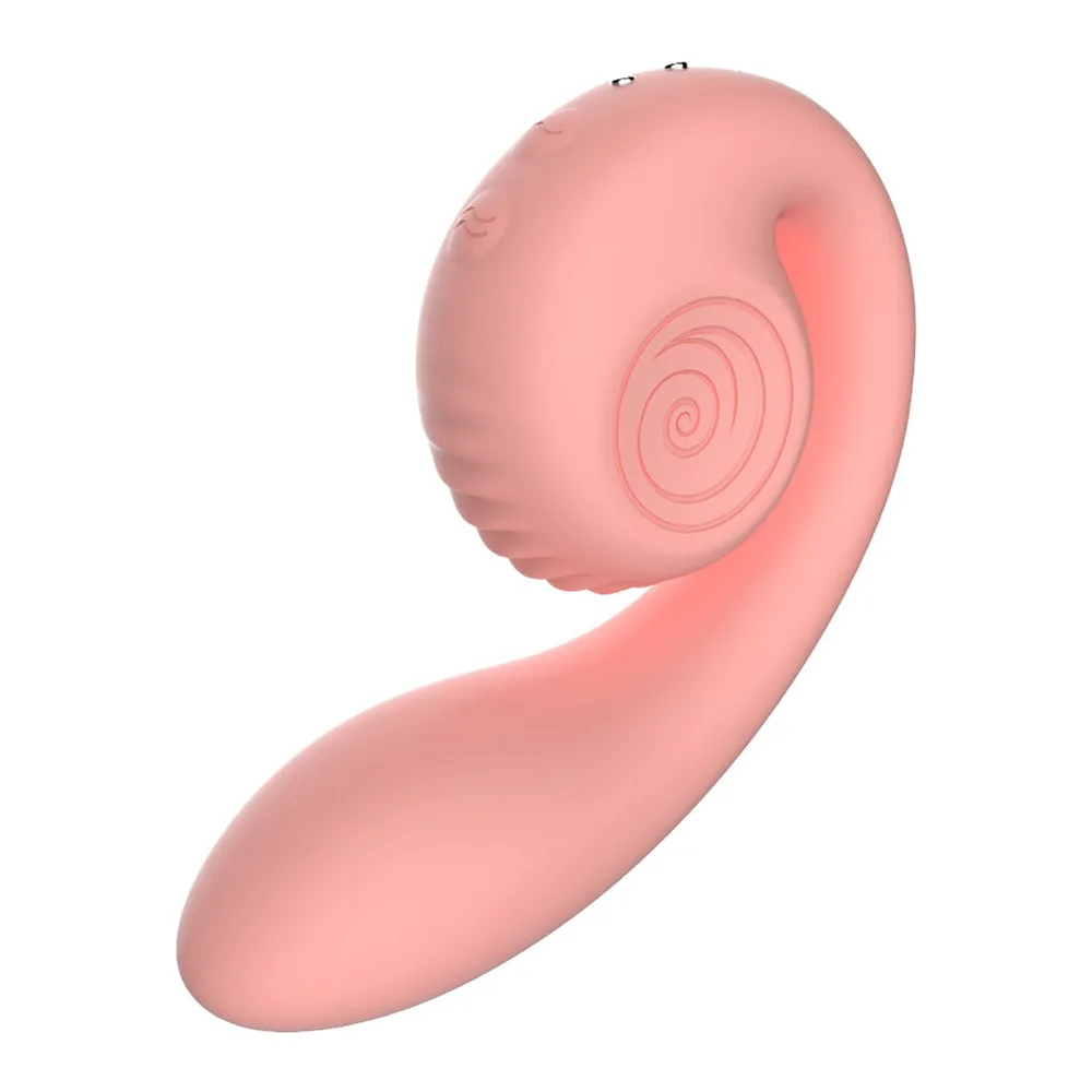 Stimulateur en silicone rose poudré, tête ronde texturfée avec motif en spirale, tige effilée courbée, fond blanc