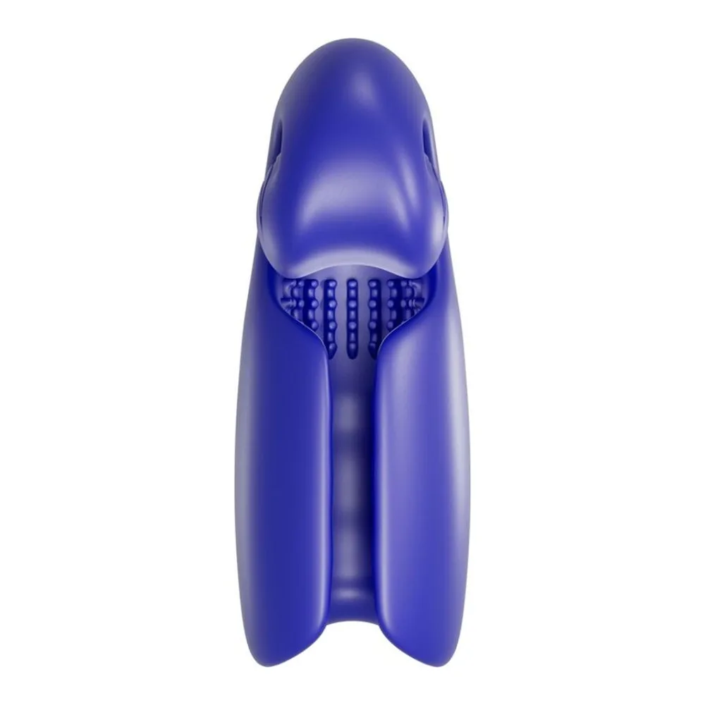 Masturbateur automatique Evo bleu marine, forme ergonomique arrondie avec ouverture en spirale sur le côté, boutons de contrôle visibles, fond blanc