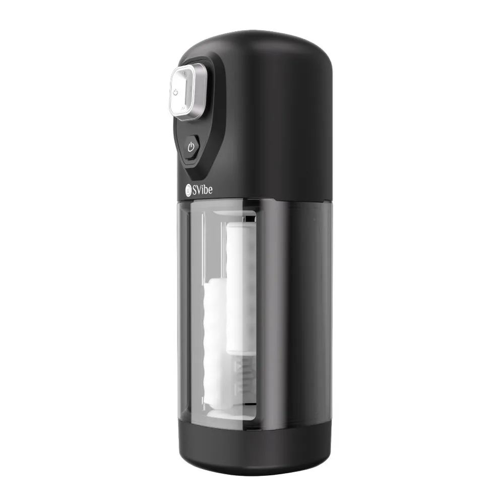 Masturbateur noir Ikon Volt Effet avec corps cylindrique et réservoir transparent, affichage numérique et bouton de contrôle en façade, sur fond blanc