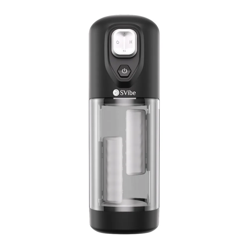Masturbateur noir Ikon Volt Effet avec corps cylindrique et réservoir transparent, affichage numérique et bouton de contrôle en façade, sur fond blanc