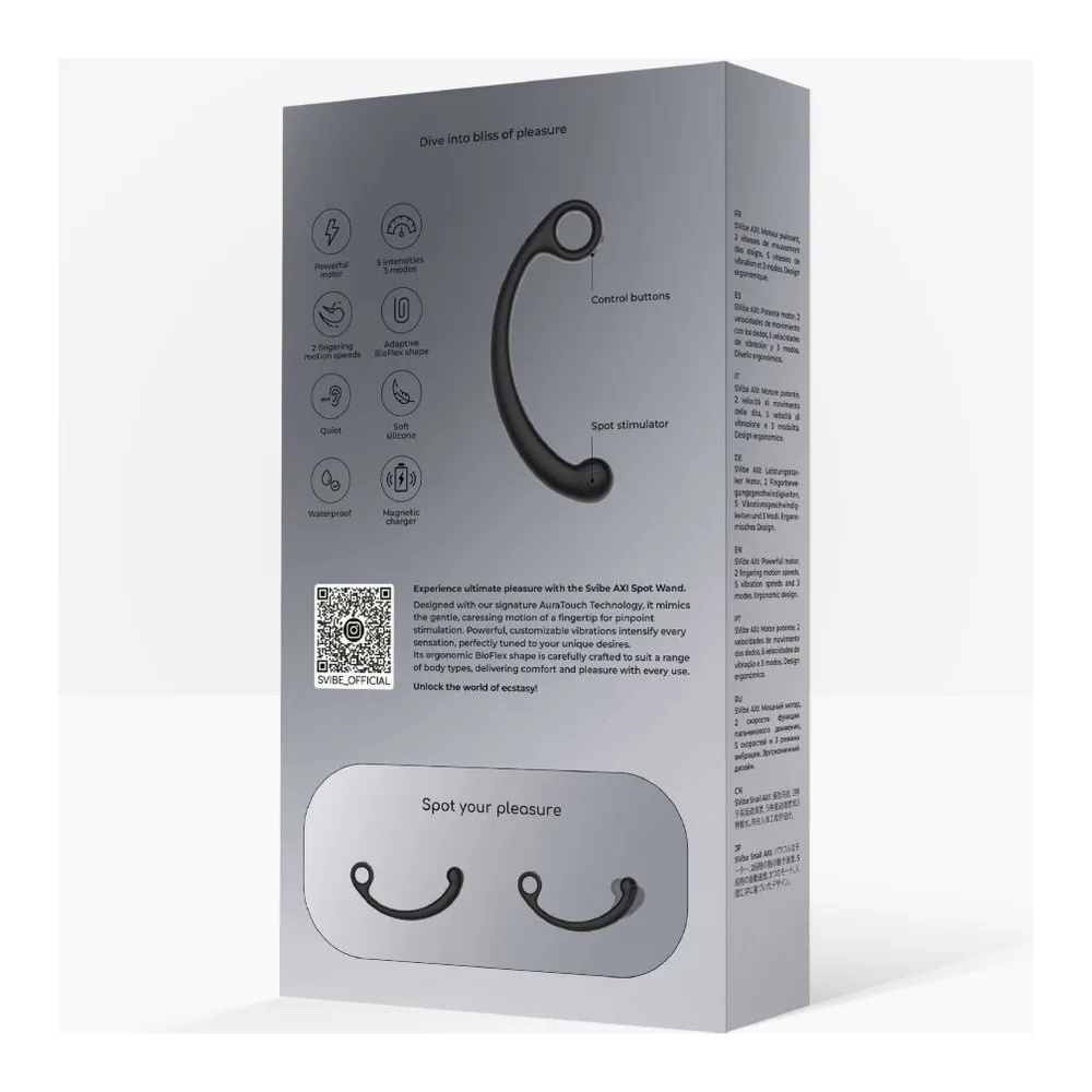 Emballage blanc du Svibe Axi, présentant un vibromasseur noir courbé en forme de crochet avec une tige fine, sur fond blanc