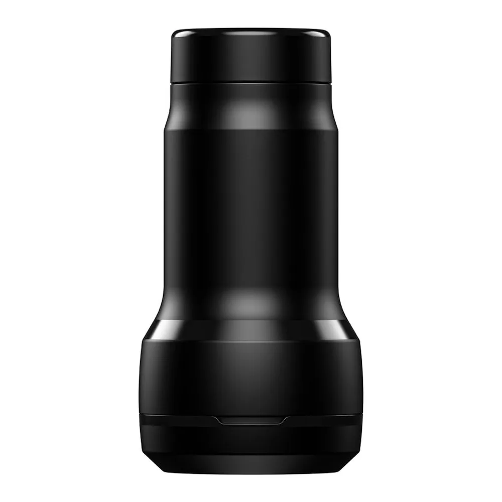Masturbateur noir avec corps cylindrique lisse, capuchon vissable et base évasée, sur fond blanc