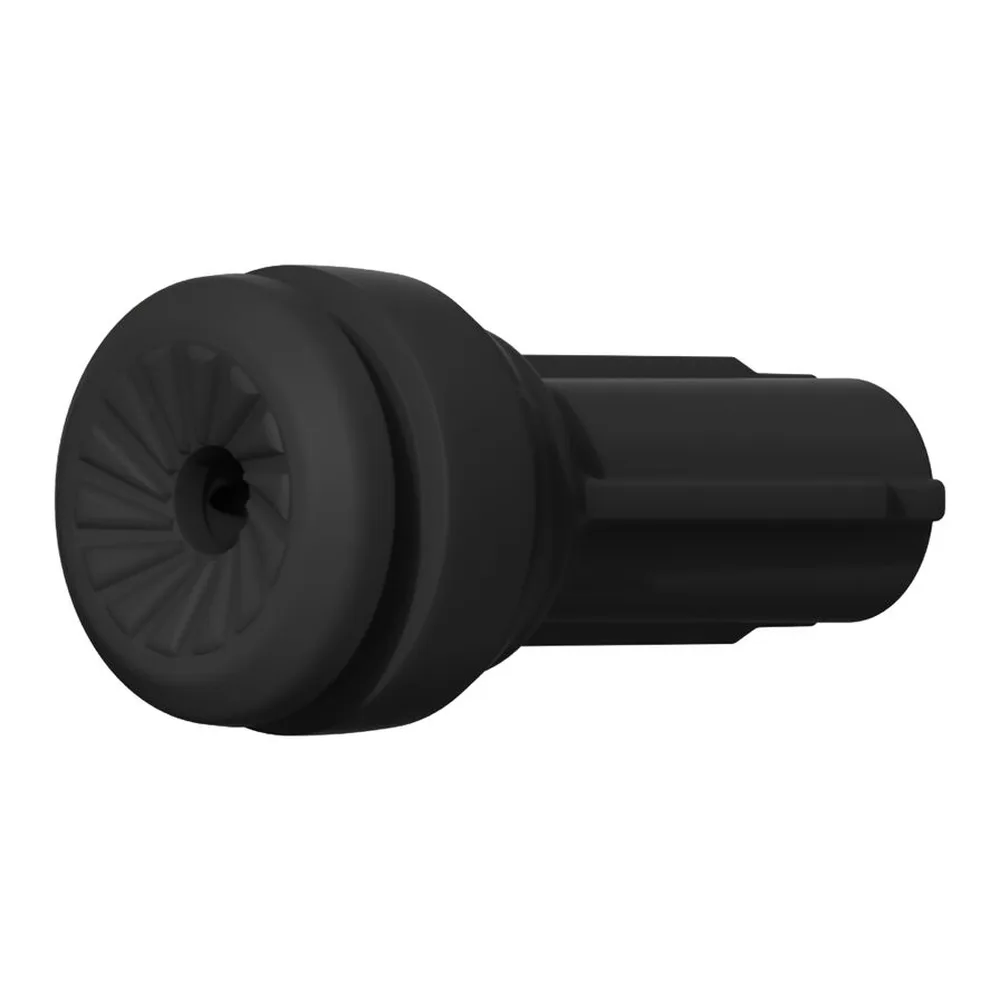 Masturbateur noir avec corps cylindrique lisse, capuchon vissable et base évasée, sur fond blanc