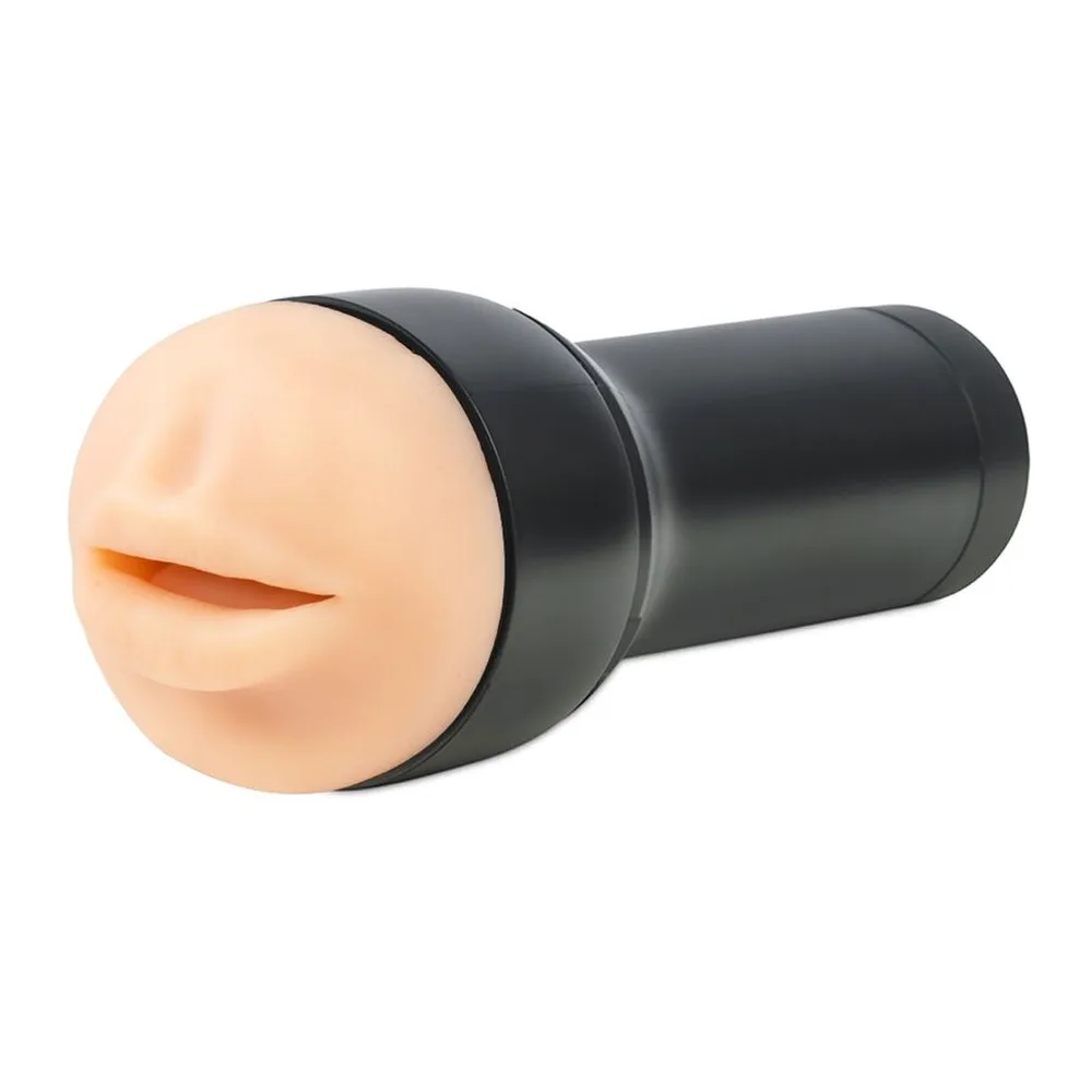 Masturbateur cylindrique noir avec embout chair moulé en forme de bouche, sur fond blanc