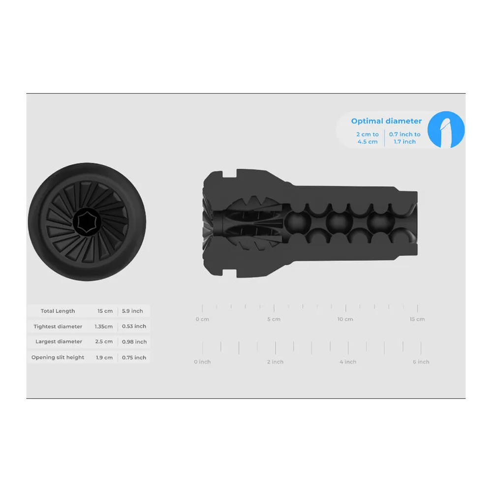 Masturbateur noir en silicone avec corps cylindrique et embout textilé, pompe d'aspiration motorisée intégrée, sur fond blanc