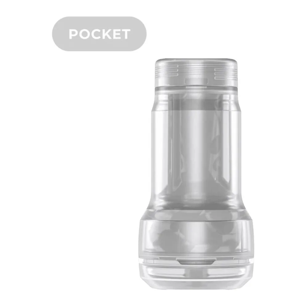 Masturbateur de poche en verre transparent avec embout texturé en étoile, cylindre lisse en verre clair, filetage visible, sur fond blanc