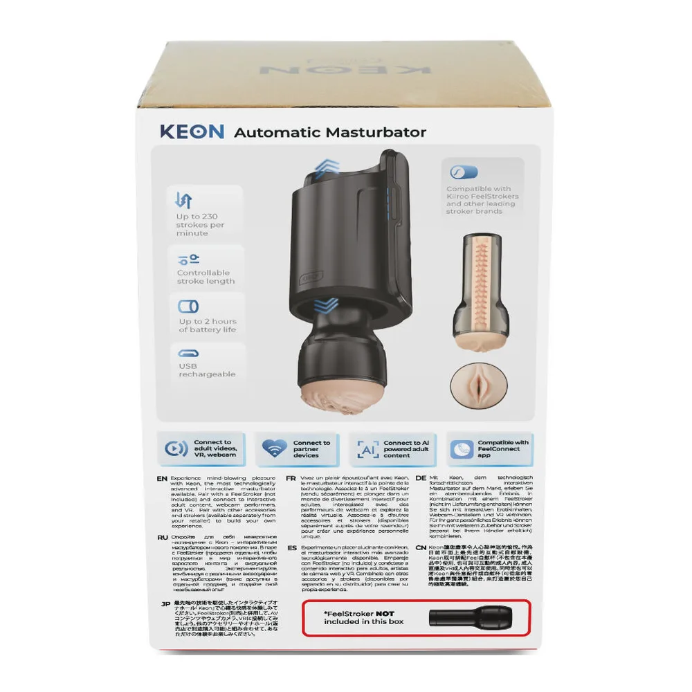 Emballage du masturbateur automatique Keon, boîte blanche avec logo bleu et texte « Automated Experience », fermeture par rabat gris