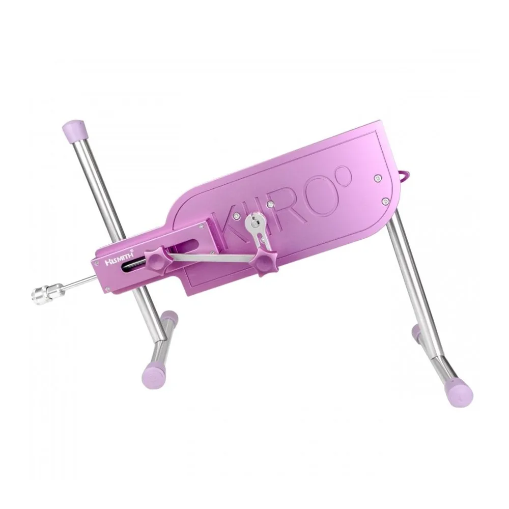 Machine sexuelle interactive Kiiroo rose avec cadre ouvert, télécommande intégrée, pieds chromés réglables et embout en silicone, vue de trois quarts