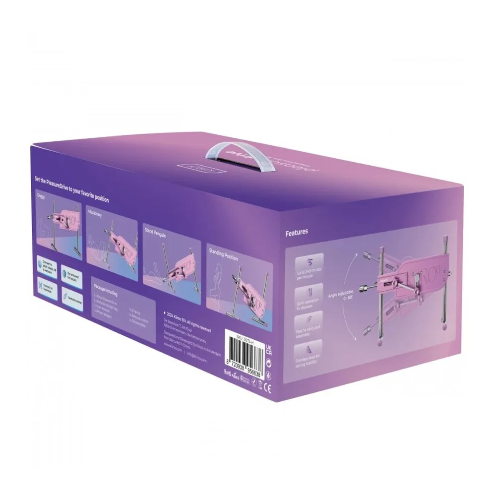 Machine sexuelle interactive Kiiroo rose avec cadre ouvert, télécommande intégrée, pieds chromés réglables et embout en silicone, vue de trois quarts
